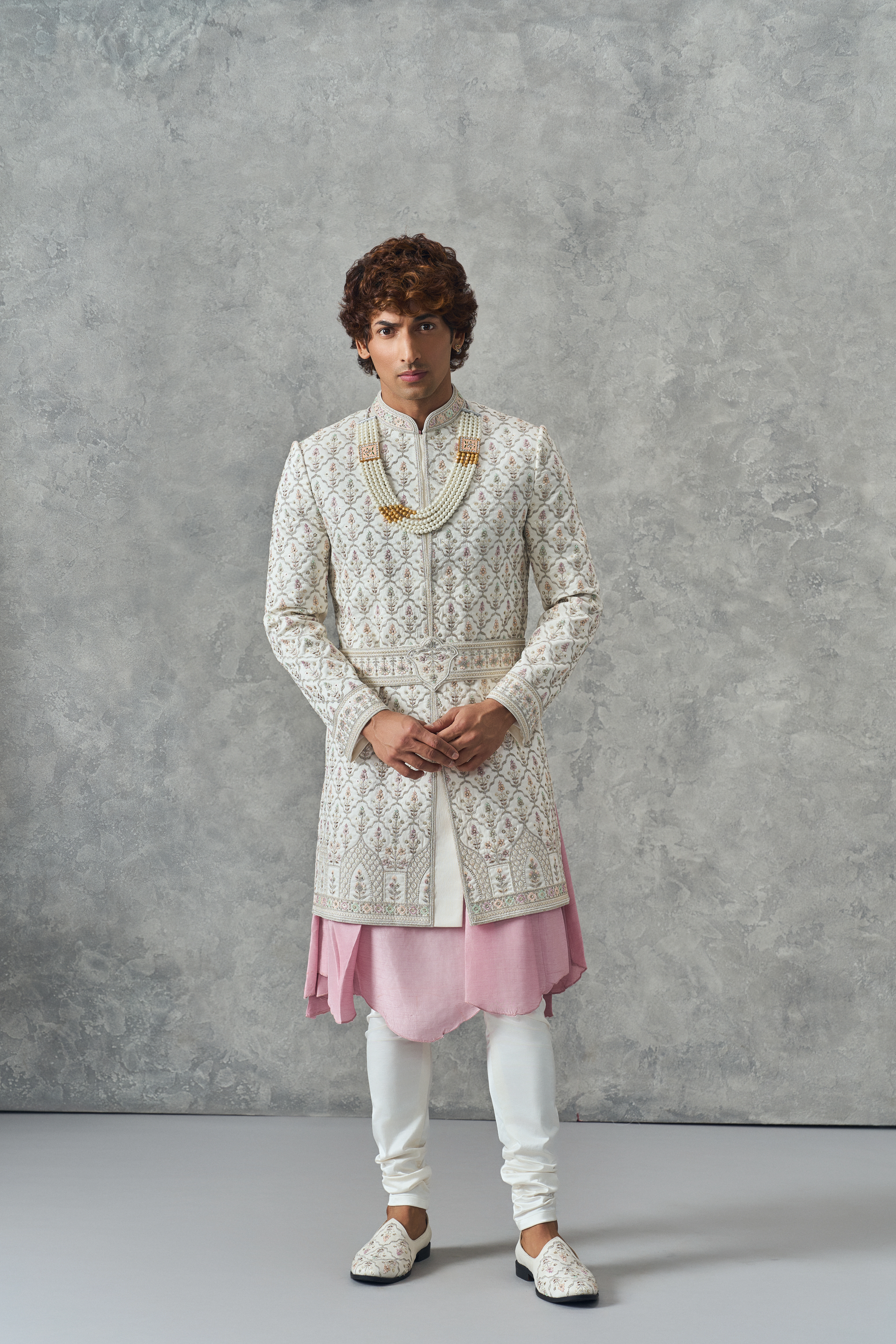 embroidered groom sherwani in ivory color